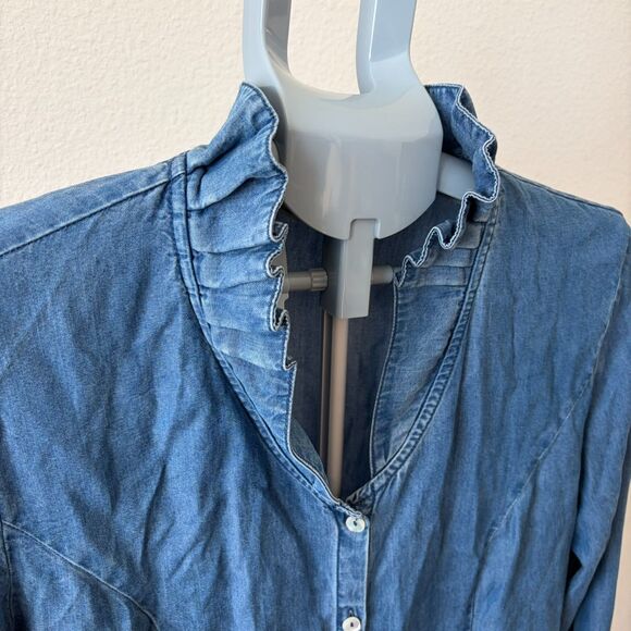 Soft Surroundings Women's LG Top Ruffle Collar Tencel Chambray Button Down ASO - Picture 3 of 8